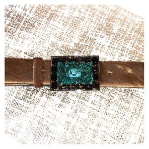 COWHIDE BELT WITH FAUX TURQ & CRYSTAL BUCKLE!
